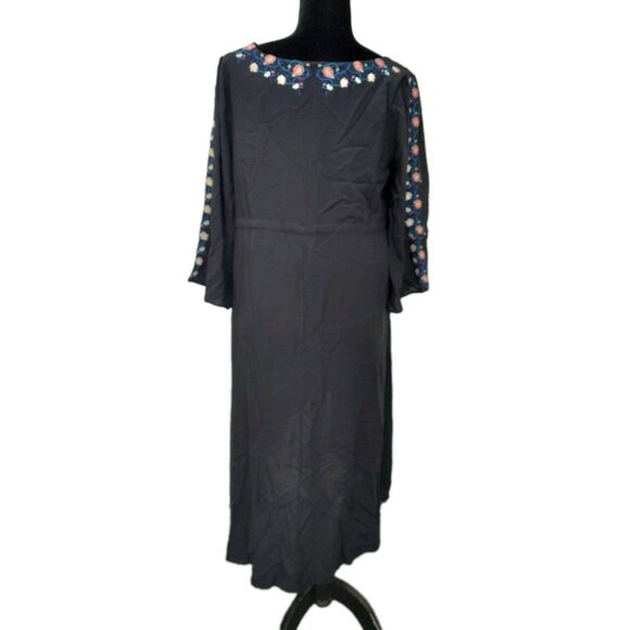 Womens Boho Embroidered Asymmetrical Hi Lo Flared Sleeve Medium Dress Black - Picture 10 of 10